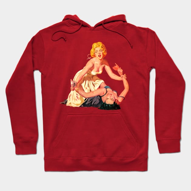 Blonde and Brunette Fight Pulp Fiction Sexy Pin Up Girls Real Men Love Lies Bleeding Retro Comics Vintage Old Hoodie by REVISTANGO